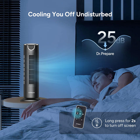 DR.PREPARE tower fan with 80° oscillation for broad room coverage