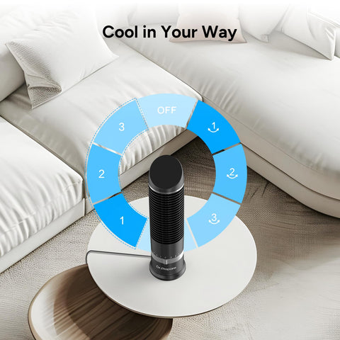 DR.PREPARE tower fan control panel demonstrates easy 3-speed adjustments for customizable airflow