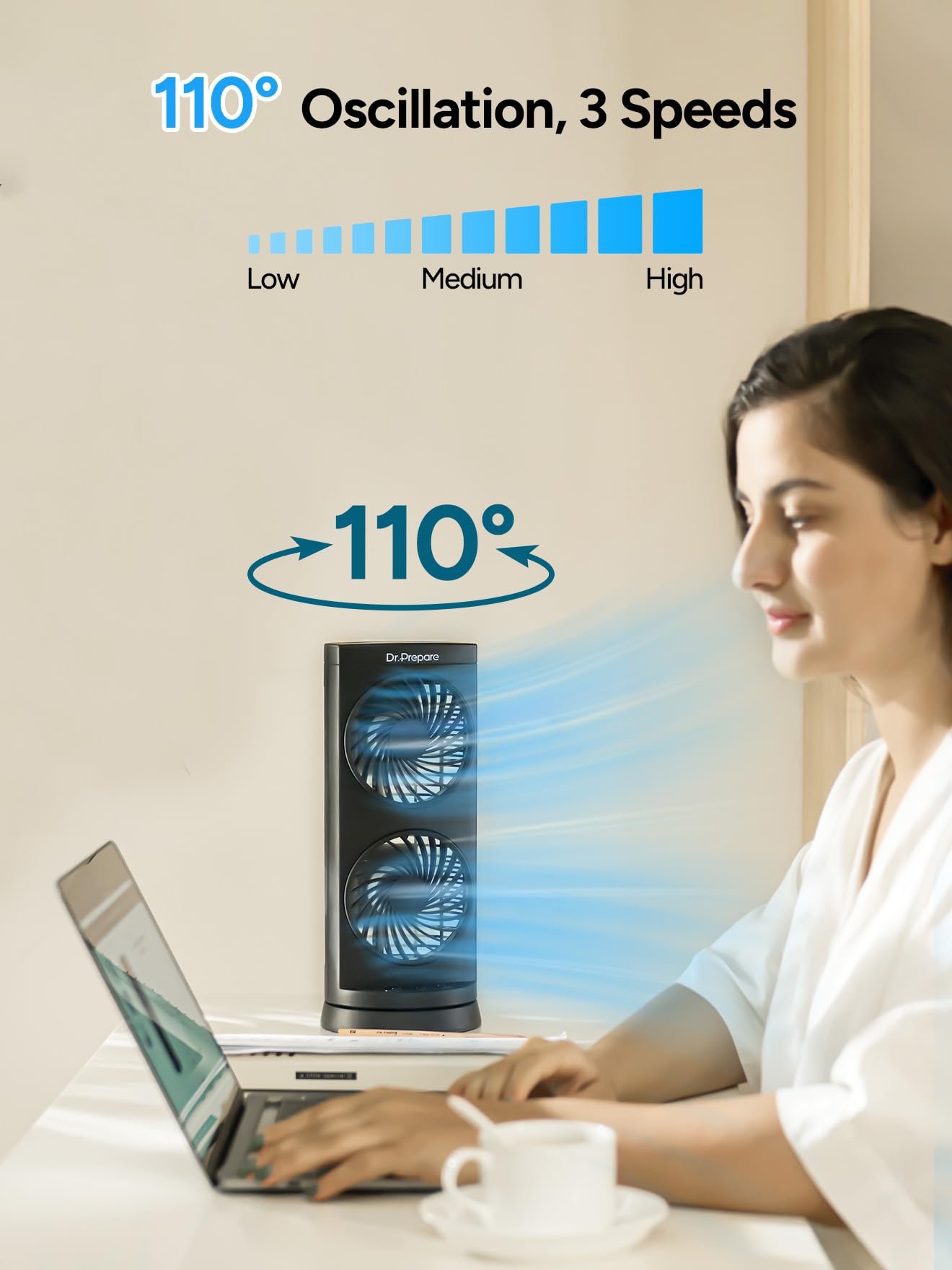 DR.PREPARE fan powered by USB-C for flexible power options.