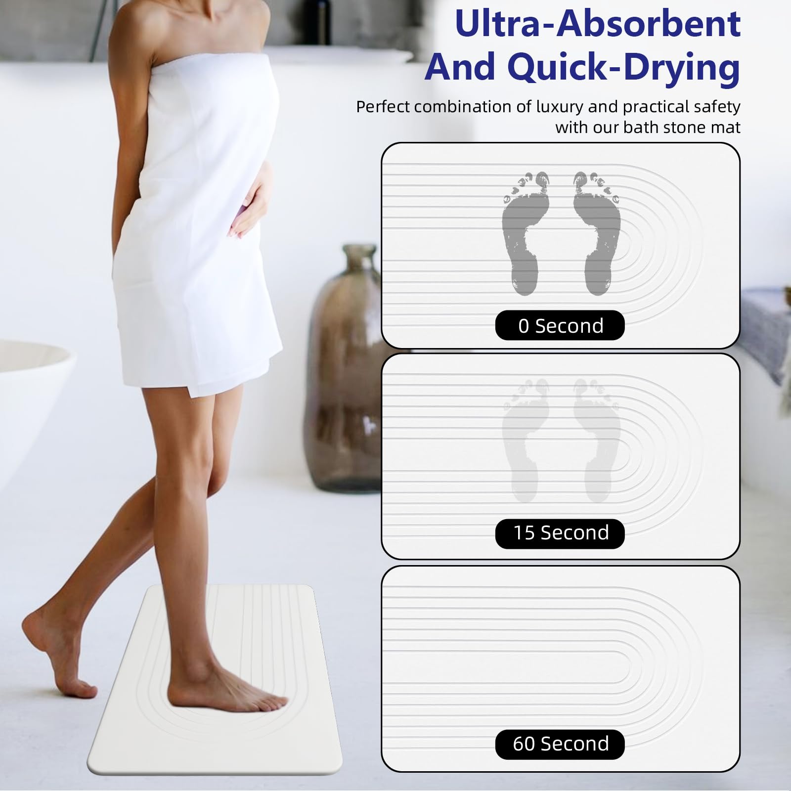 Drvykkn fast-drying stone bath mat demonstrates edge-to-edge moisture removal.
