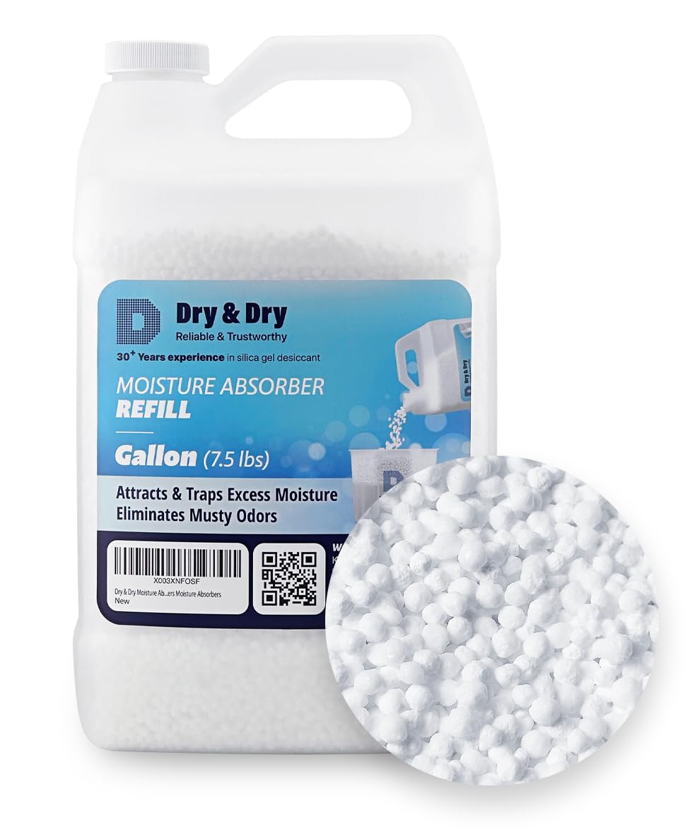 Dry & Dry moisture absorber refill beads in 7.5 lb jug showing moisture control capability