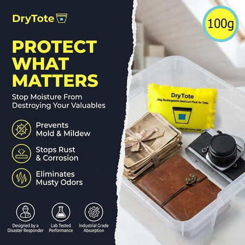 DryTote desiccant pack in safe storage helps prevent rust and corrosion of valuables
