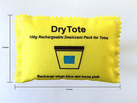 DryTote desiccant pack used in storage bins to reduce fogging and moisture damage