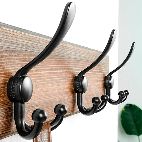 Dseap coat rack in black finish displaying five tri hooks for coats and hats.