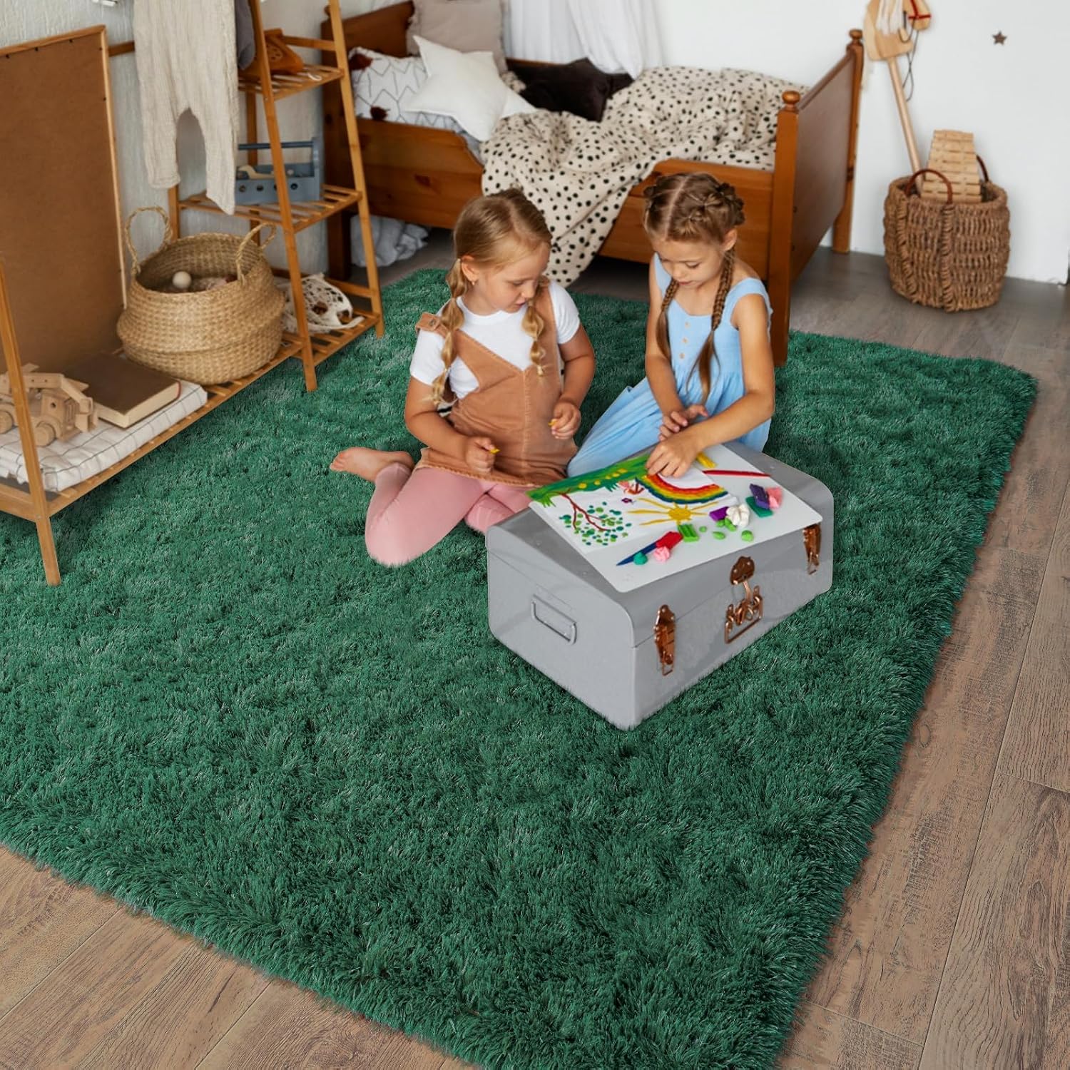 Dssimo green rug in a bedroom decor scene for warm ambiance
