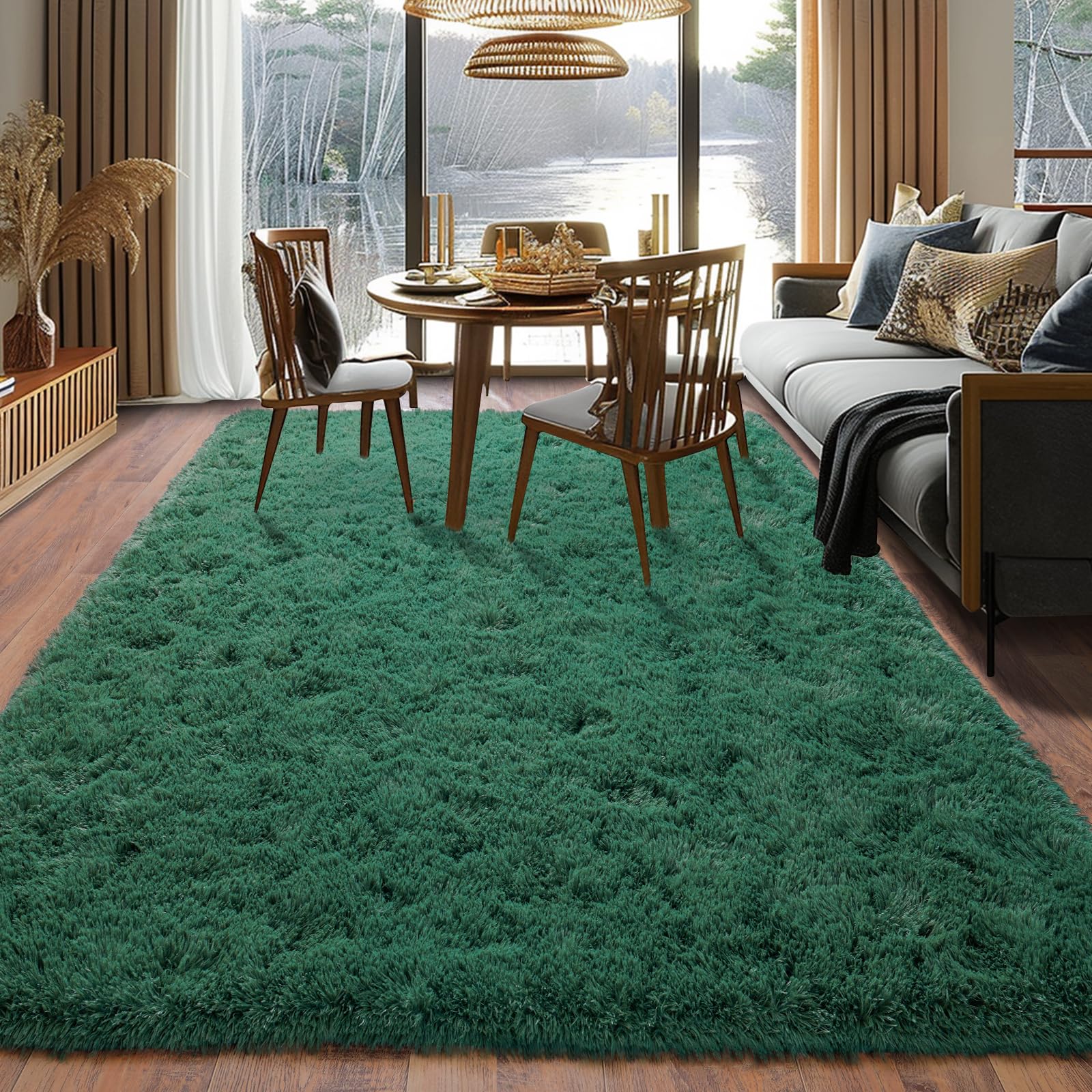 Dssimo easy care green rug demonstration showing wipe-clean surface