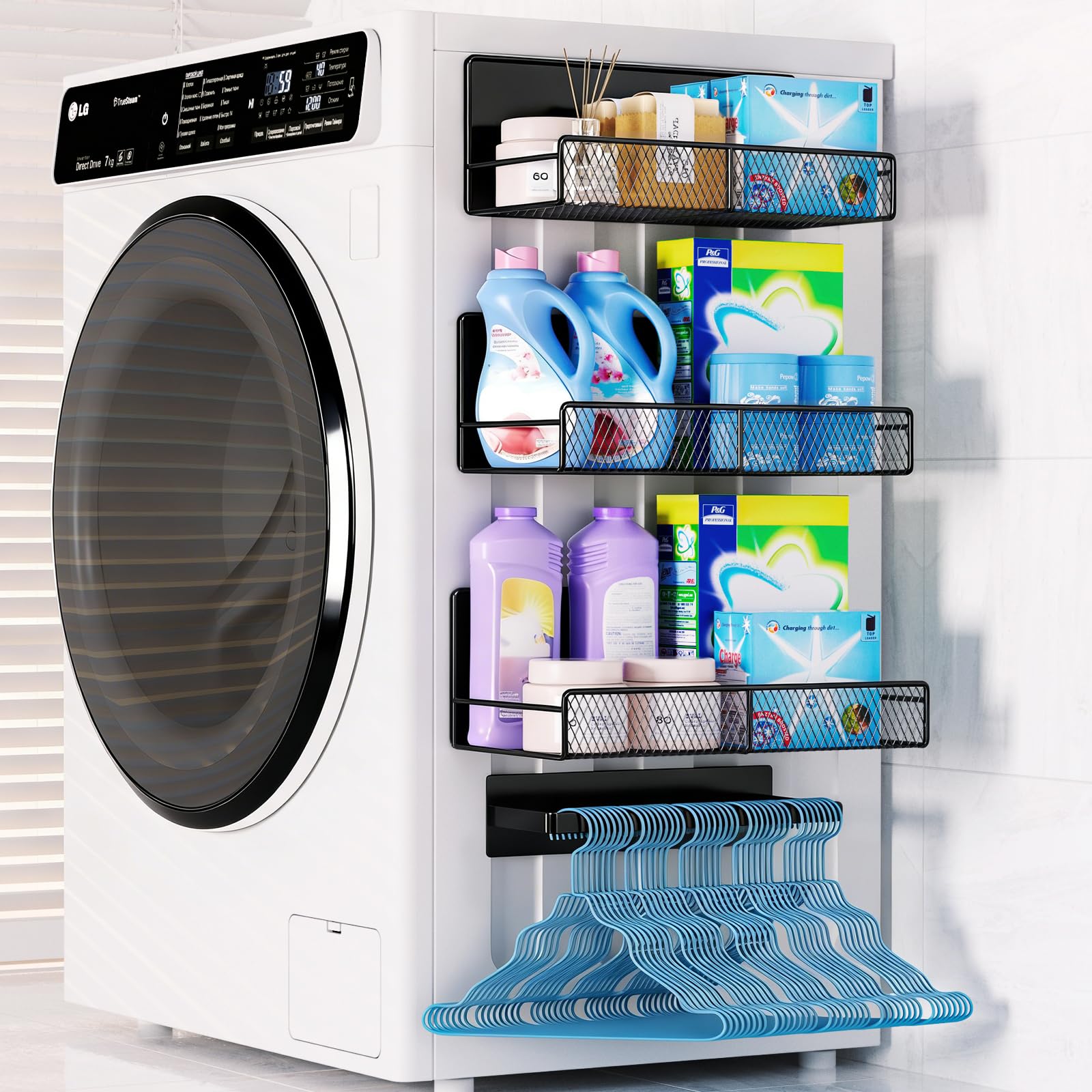DTUQYX Magnetic Shelf for washing machines with a large laundry basket keeps detergents neatly accessible.