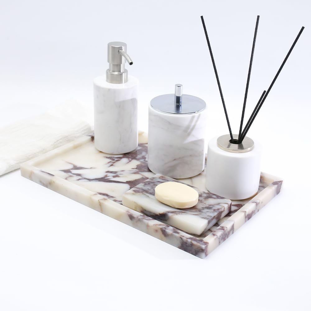 DUANYAN marble vanity tray organizing makeup items on vanity.