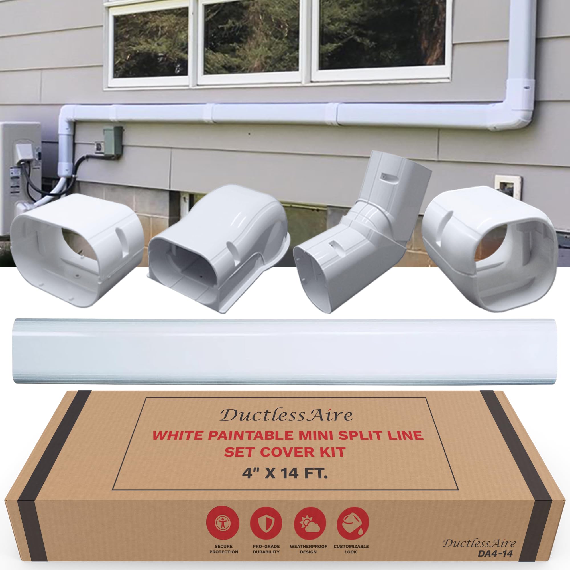 DuctlessAire wall cap line set cover protects outdoor lines.