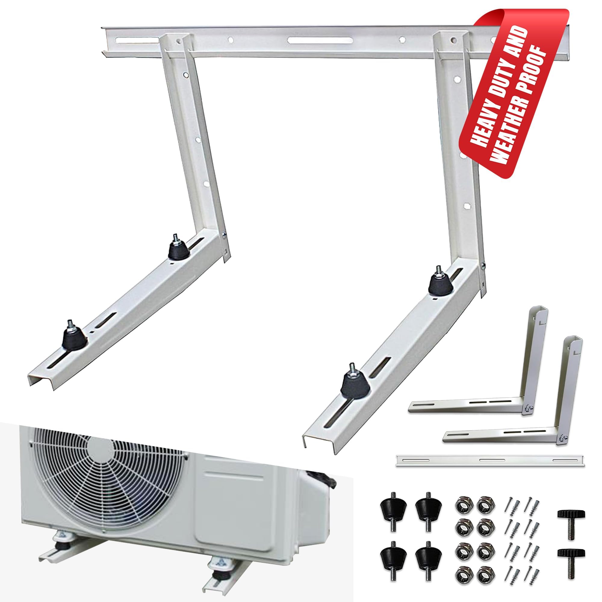 DuctlessAire outdoor wall bracket with adjustable arm supports 9k–36k BTU units.