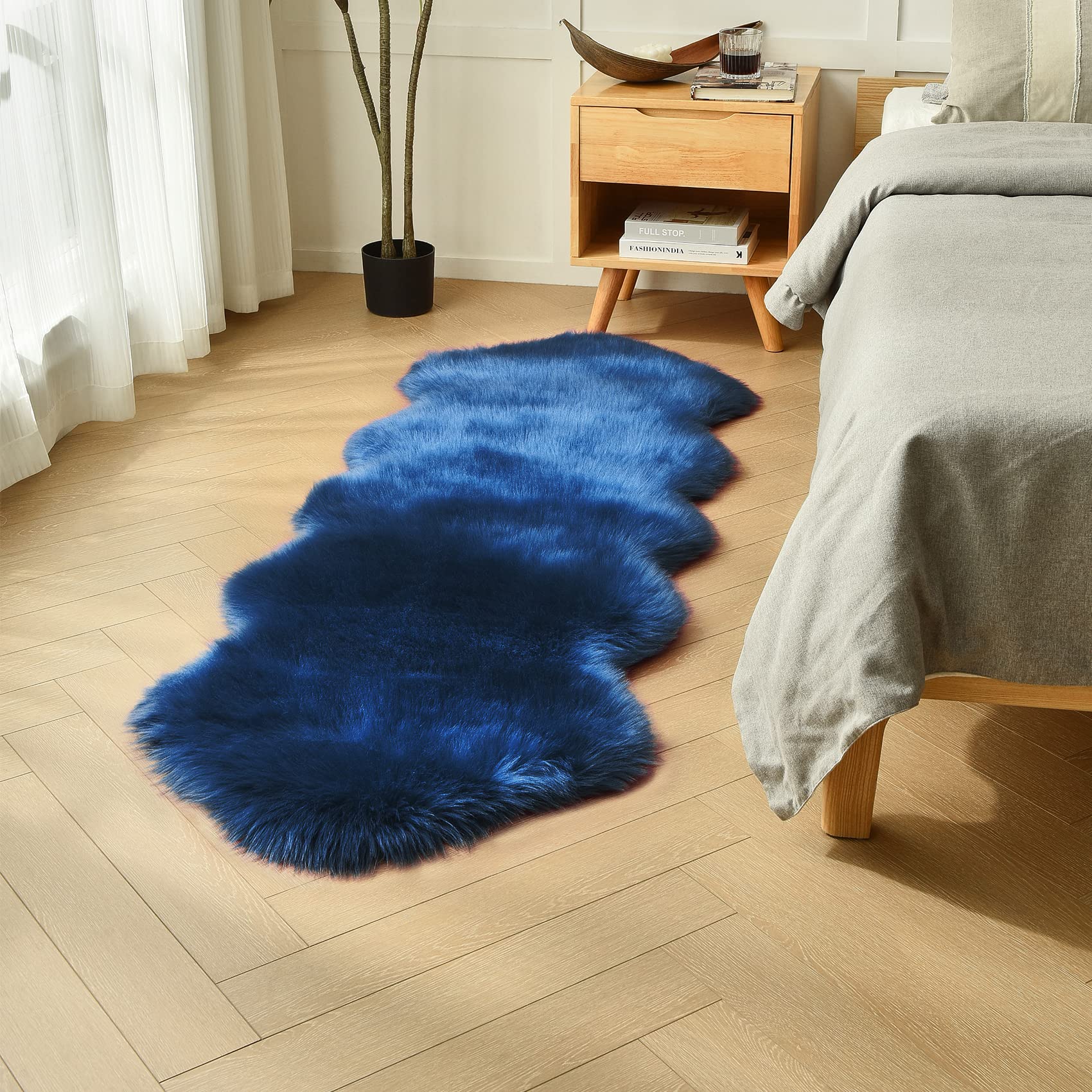 duduta Navy Blue Faux Sheepskin Runner Rug top view shows plush texture for cozy interiors.