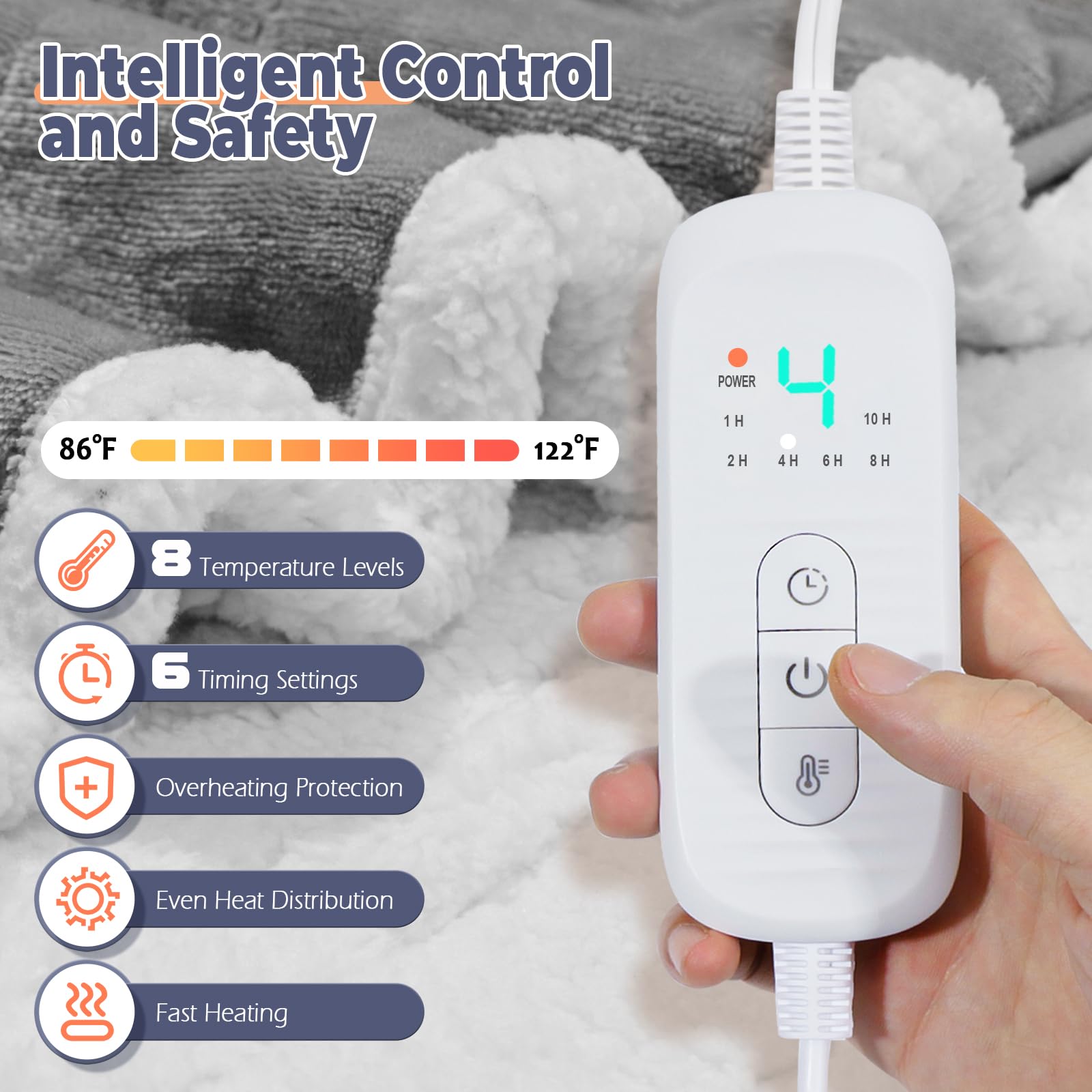 Dueelala controller illustrates eight adjustable heat settings for precise warmth.