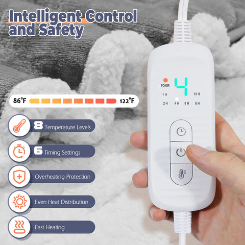 Dueelala controller illustrates eight adjustable heat settings for precise warmth.
