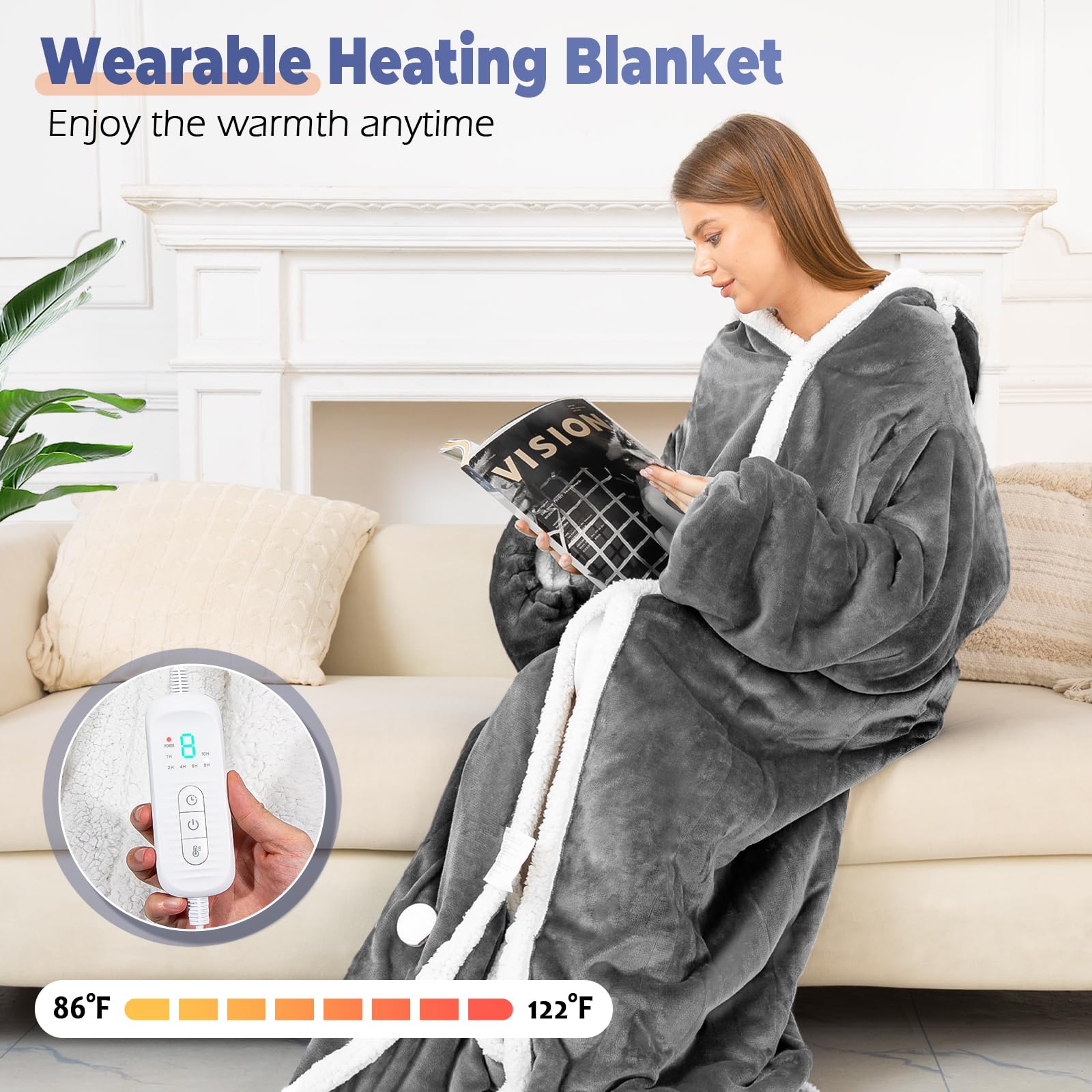 Dueelala wearable heated blanket with foot pockets keeps feet warm while lounging.