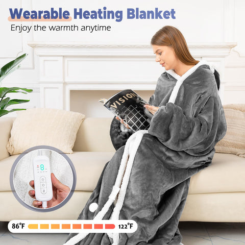 Dueelala wearable heated blanket with foot pockets keeps feet warm while lounging.
