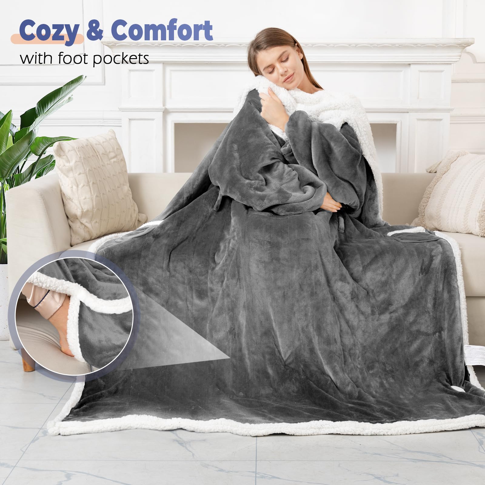 Dueelala wearable heated blanket shows sleeves for full coverage.