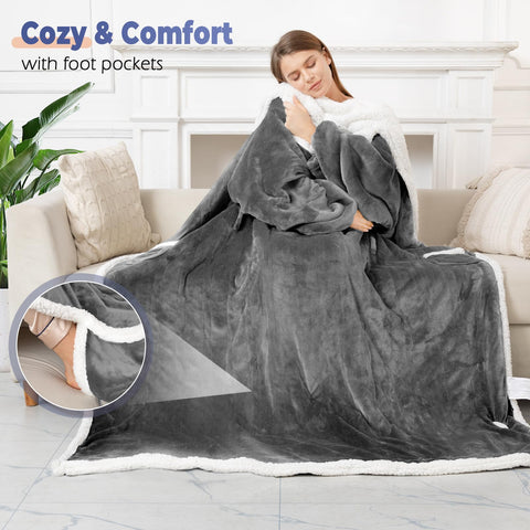 Dueelala wearable heated blanket shows sleeves for full coverage.