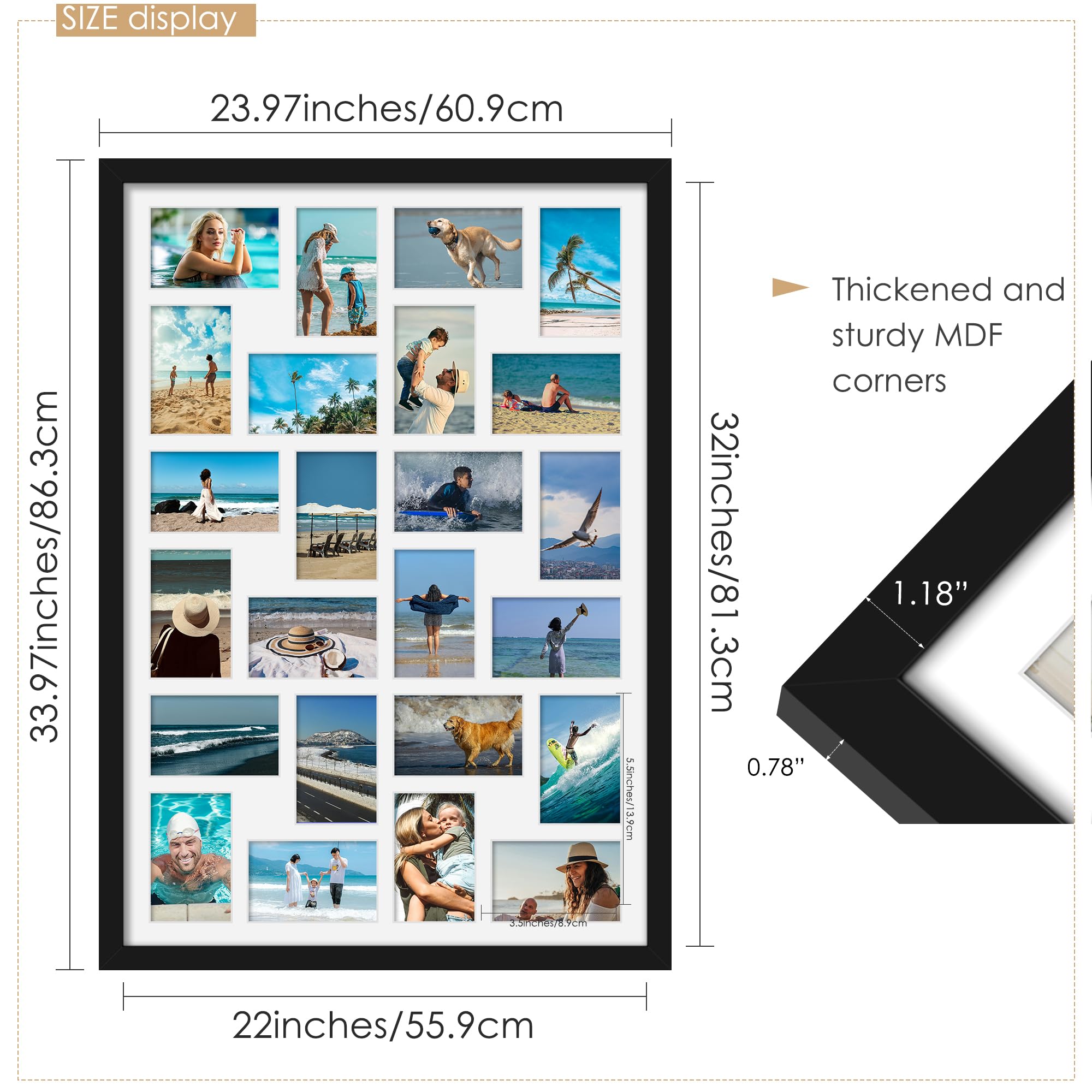 DUENPY 22x32 collage frame plexiglass baffle keeps photos clear.