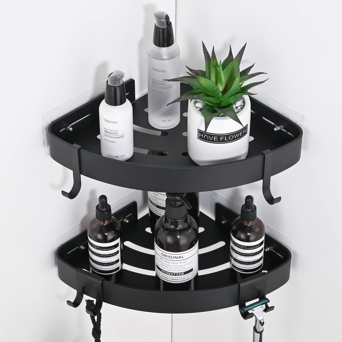 DUFU adhesive corner shower caddy with hooks mounted on tiled wall for organized shower supplies