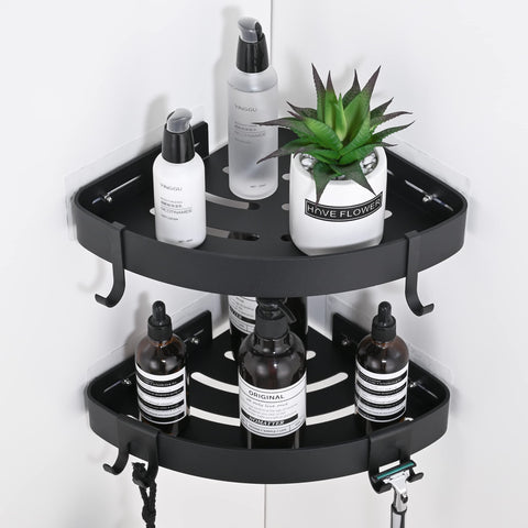 DUFU adhesive corner shower caddy with hooks mounted on tiled wall for organized shower supplies