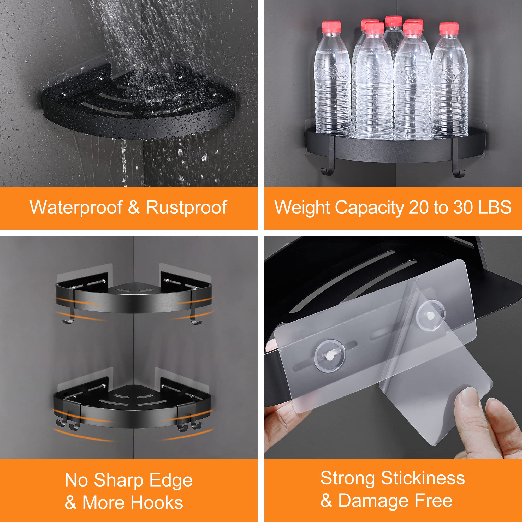 DUFU rustproof aluminum shower shelf with four removable hooks for towels and razors