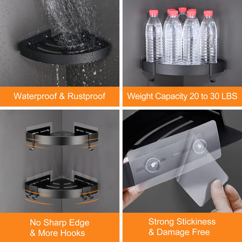 DUFU rustproof aluminum shower shelf with four removable hooks for towels and razors