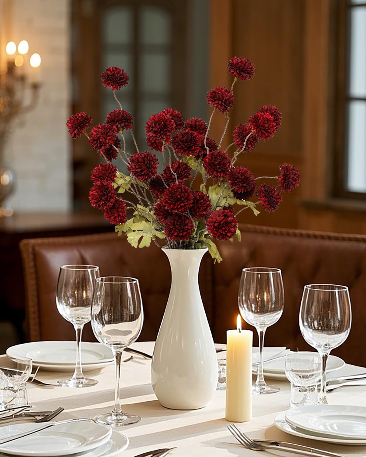 DuHouse boho chic centerpiece with lifelike burgundy chrysanthemums