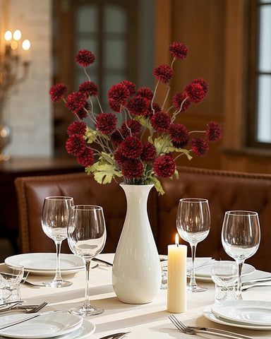 DuHouse boho chic centerpiece with lifelike burgundy chrysanthemums