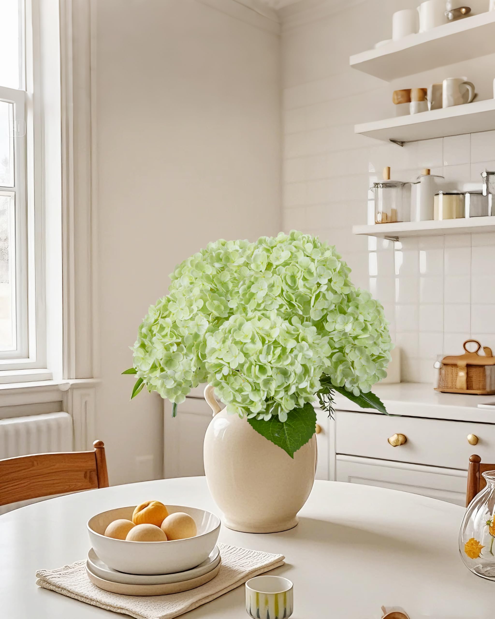 DuHouse living room decor with light green hydrangea adding soft color and elegance.