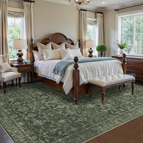 DUIDY green distressed floral rug in dining area elevating space with vintage charm