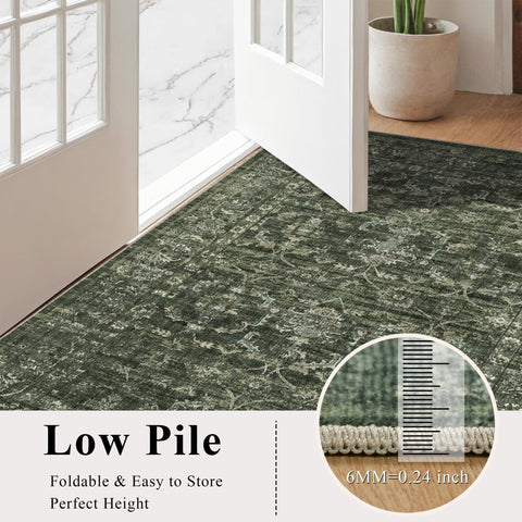 DUIDY green distressed floral rug highlighting vintage pattern and versatile use