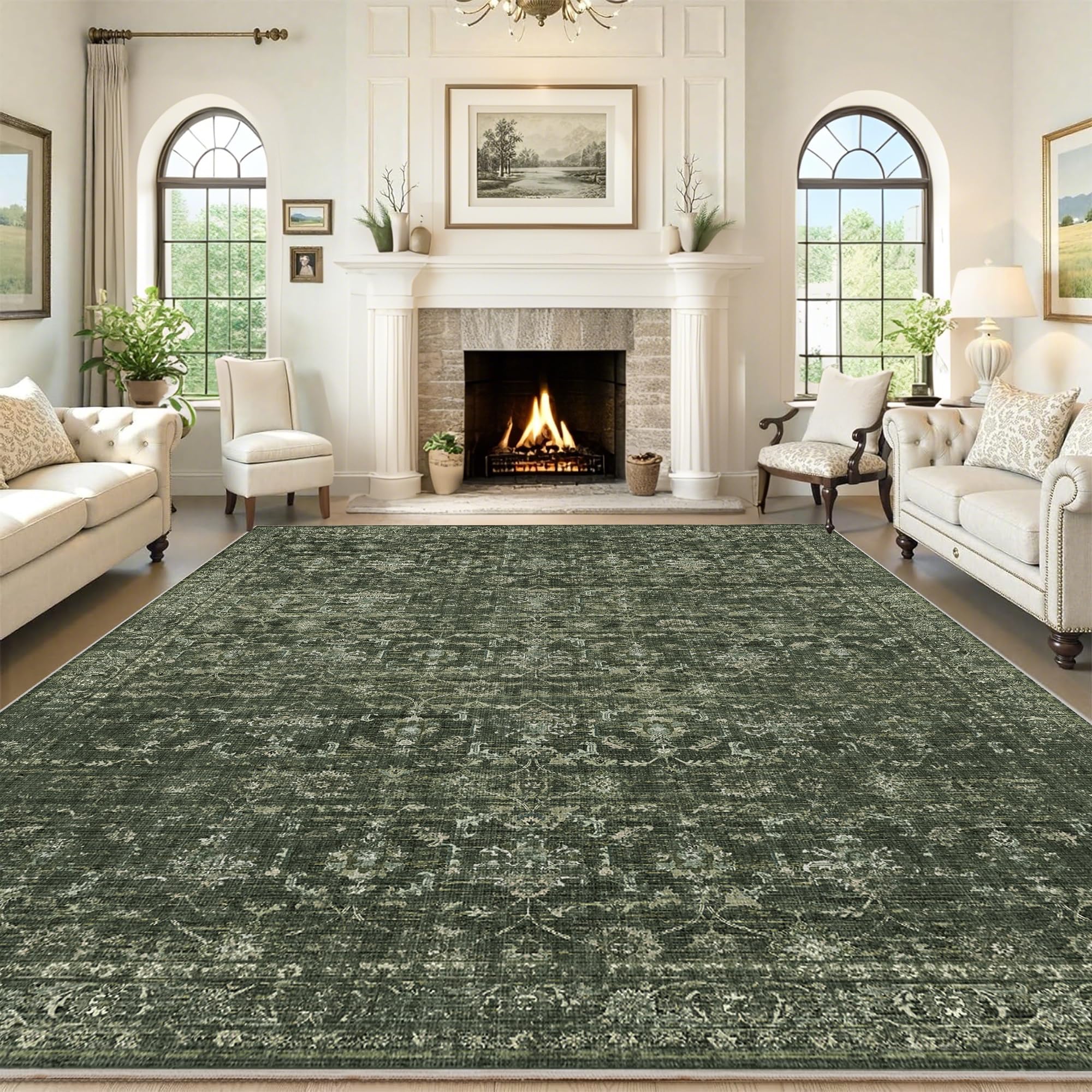 DUIDY washable area rug in green for living room with soft touch and secure grip