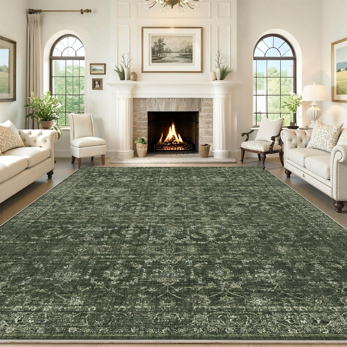 DUIDY washable area rug in green for living room with soft touch and secure grip