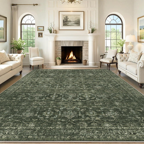 DUIDY washable area rug in green for living room with soft touch and secure grip