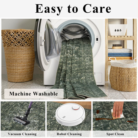 DUIDY machine-washable green rug for easy deep cleaning