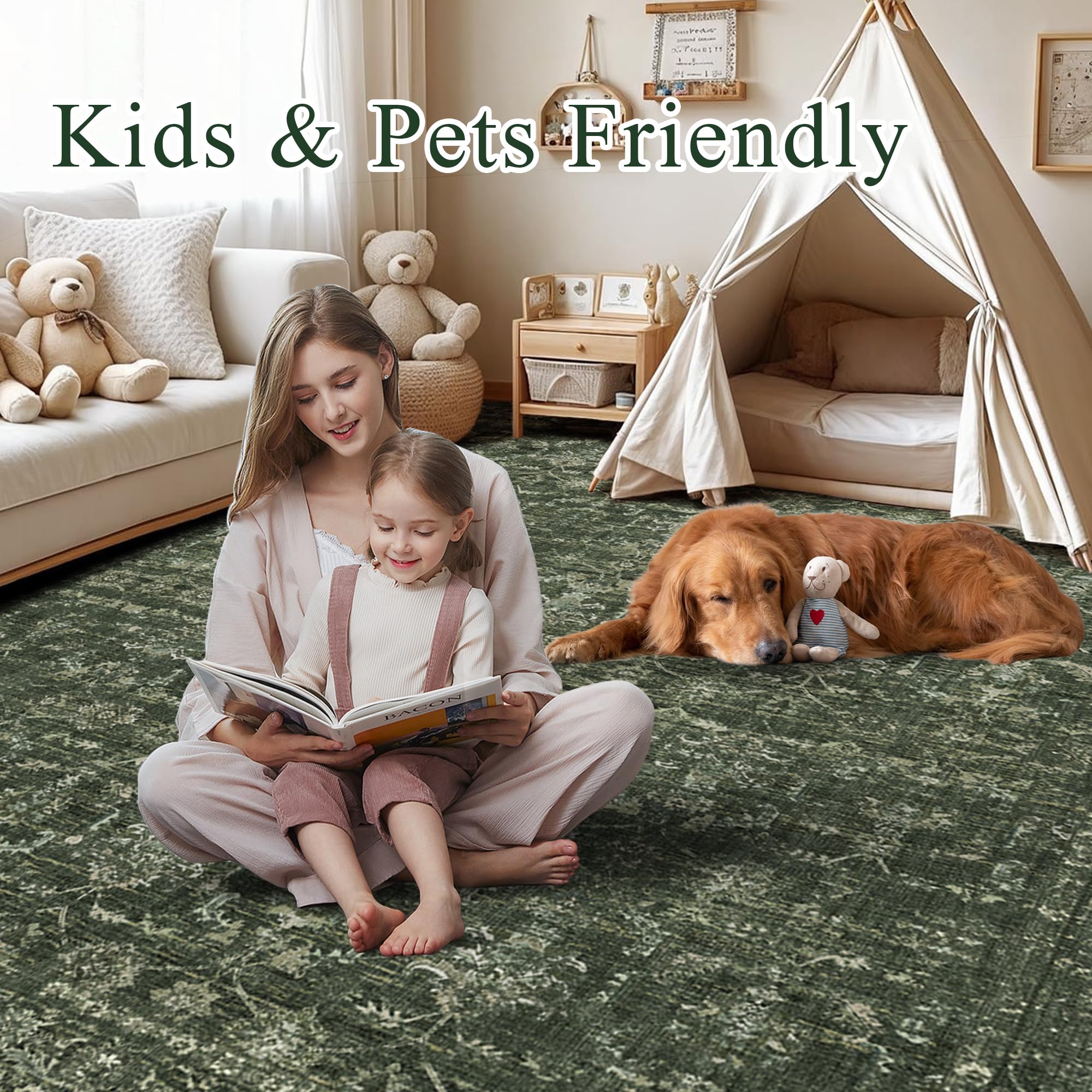 DUIDY green soft-pile area rug providing plush feel and simple cleaning