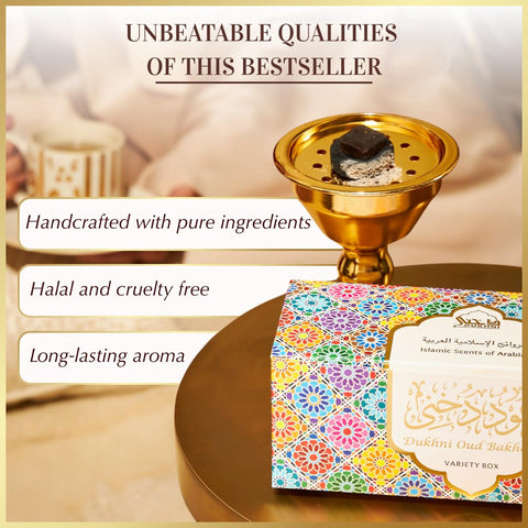 Dukhni Oud Bakhoor Variety Box collection, 10 distinct profiles offering varied experiences.