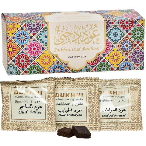 Dukhni Oud Bakhoor Variety Box cover, a premium scent collection for inviting home ambiance.