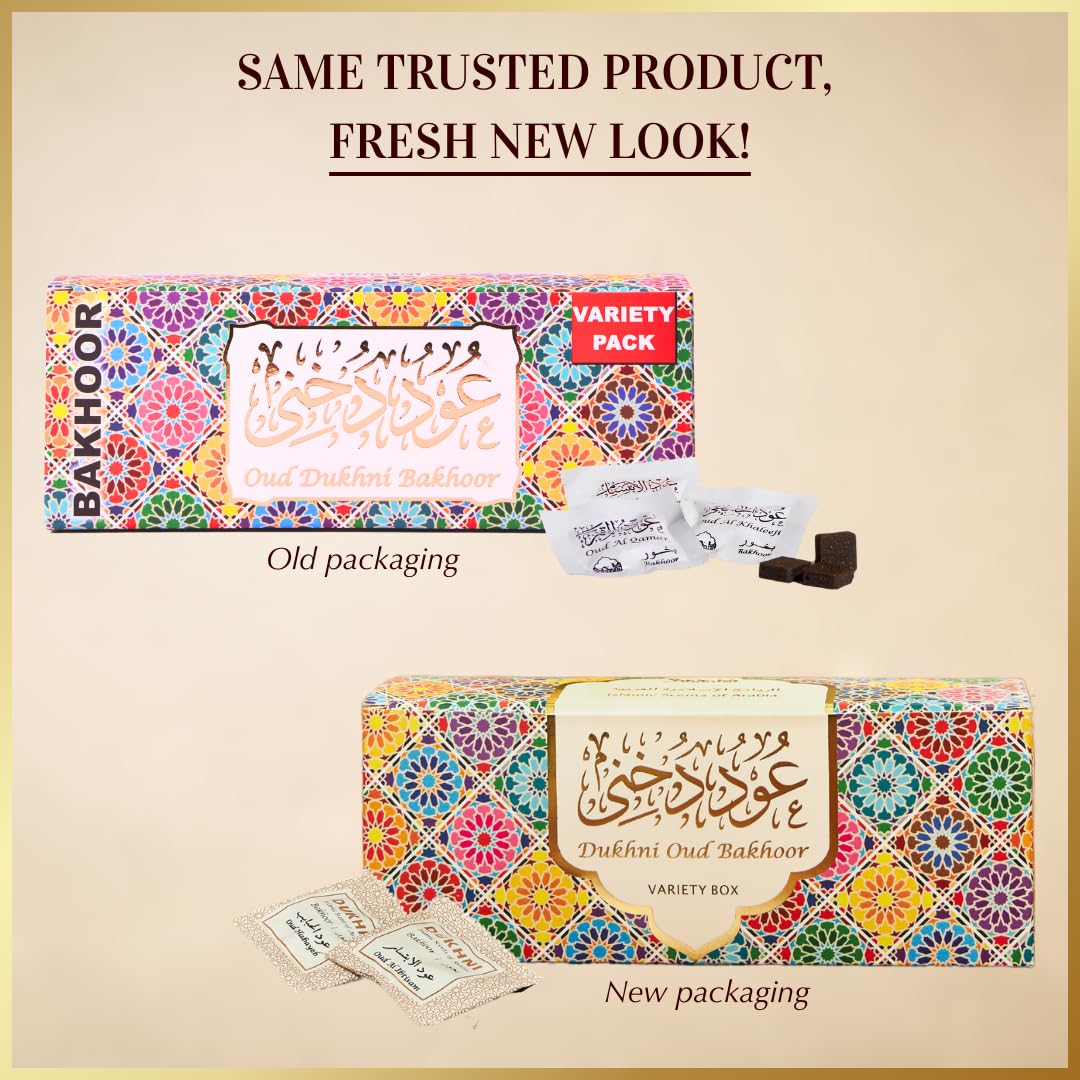 Dukhni Oud Bakhoor Variety Box fragrances, from floral sweetness to woody depth to suit moods.