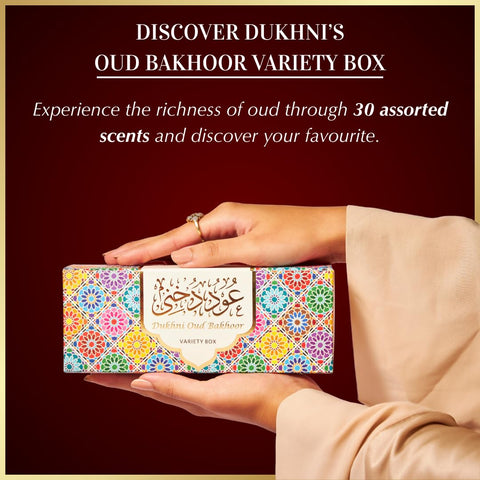Dukhni Oud Bakhoor Variety Box packaging, ready-to-gift presentation for Eid, Ramadan, or occasions.