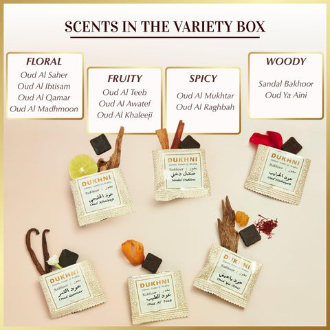 Dukhni Oud Bakhoor Variety Box refill kit, extend favorite scents with long-lasting options.