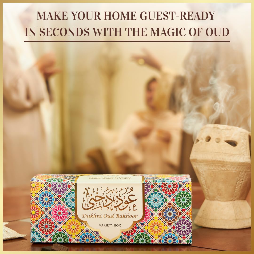 Dukhni Oud Bakhoor Variety Box usage, traditional charcoal burning and copper plate burner options.