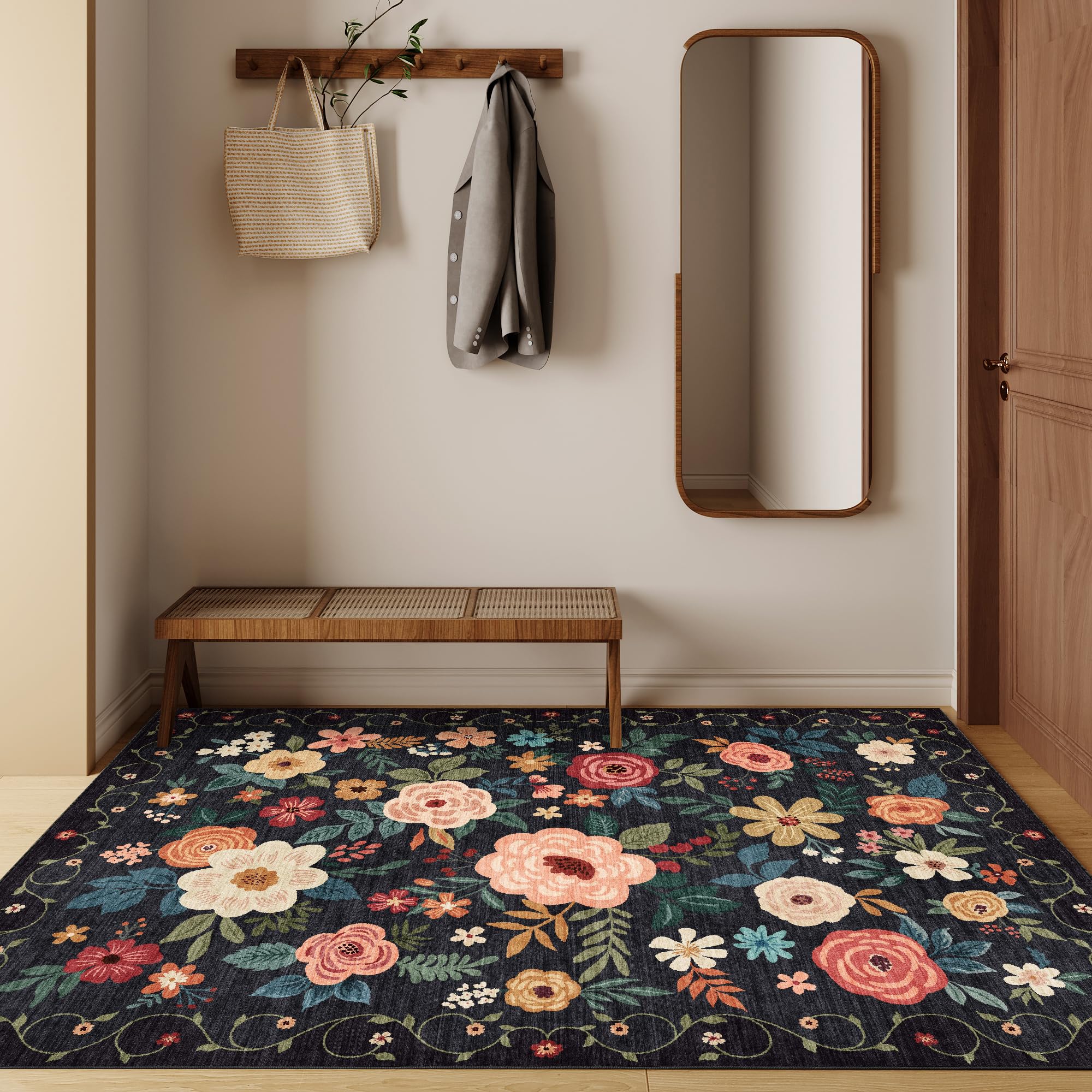 DUKINO floral area rug showing non-slip backing for stability