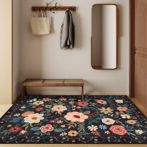 DUKINO floral area rug close-up edges highlights reinforced seams and minimal shedding.