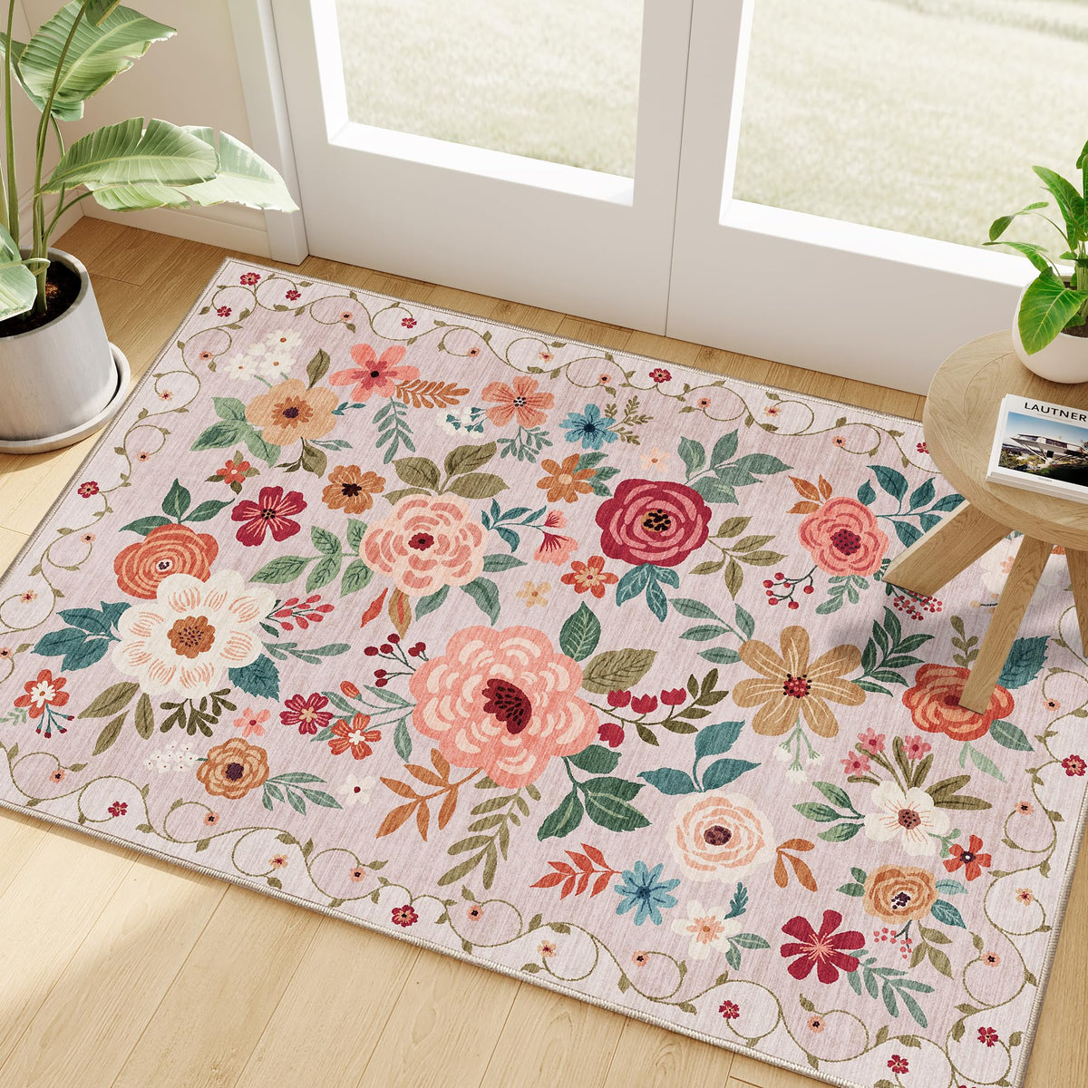 DUKINO floral entryway rug 2x3 adds cozy entry charm and non-slip safety.