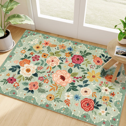 DUKINO floral entryway rug offers a soft feel for high-traffic entrances.