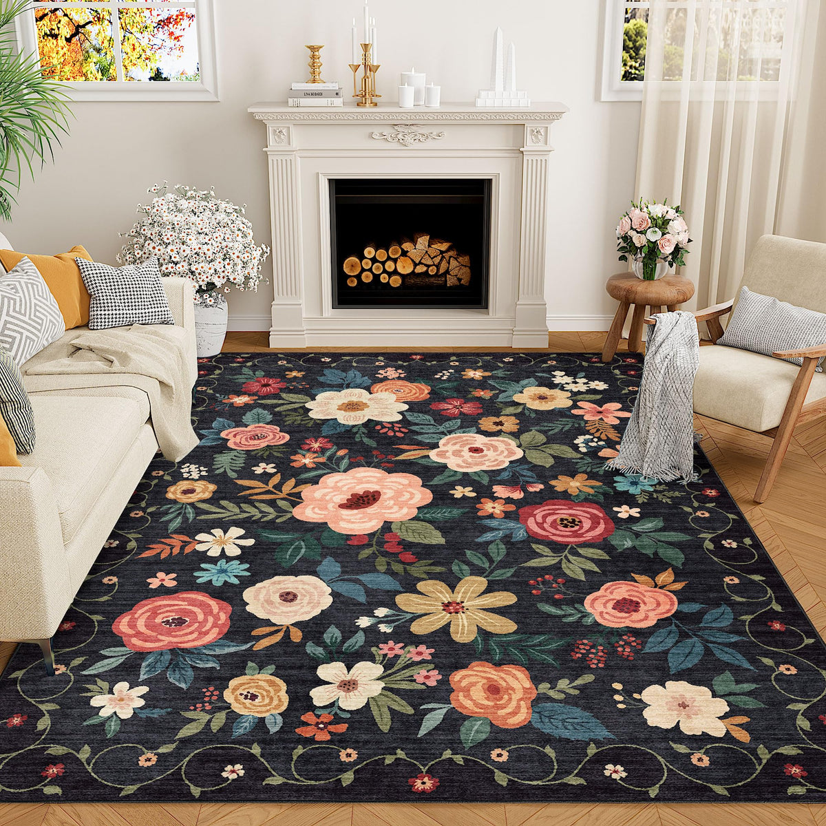 DUKINO 5x7 floral-pattern area rug enhances living spaces with color and comfort.