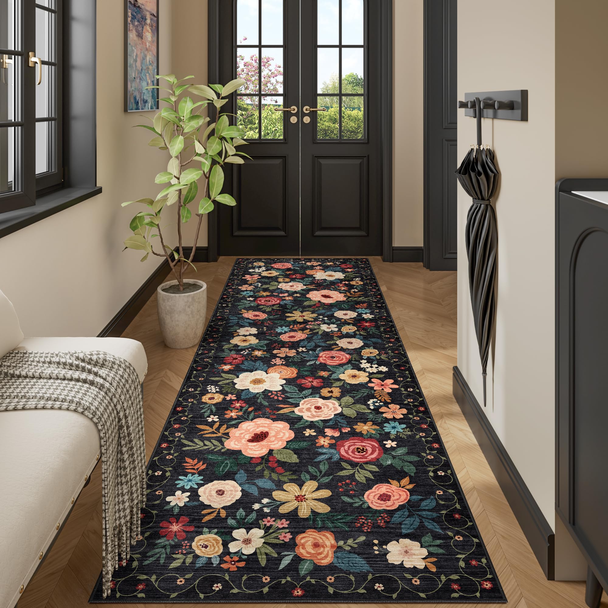 DUKINO Runner Rug 2x10 floral pattern close-up adds vintage charm.