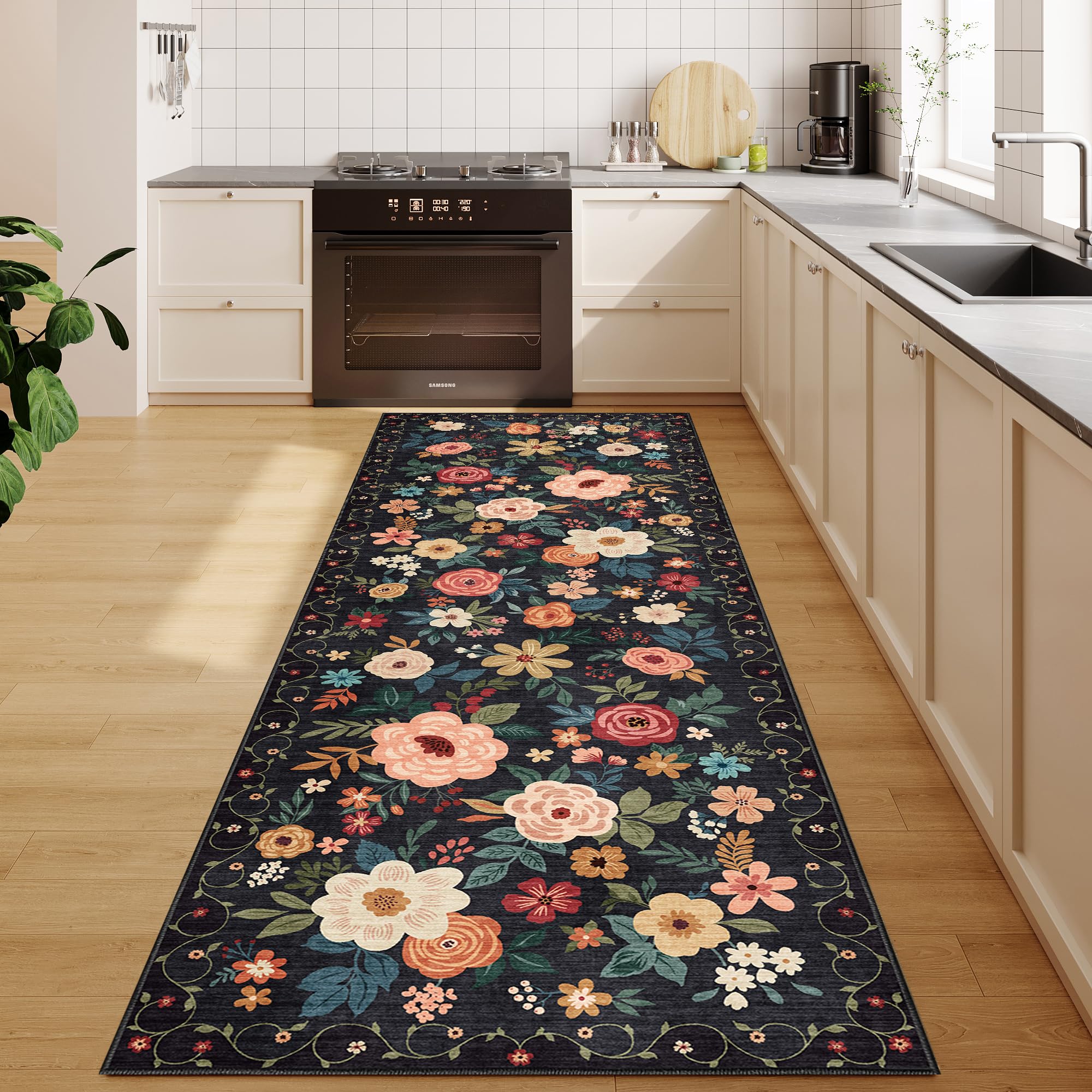 DUKINO Runner Rug vintage floral design adds cozy charm.