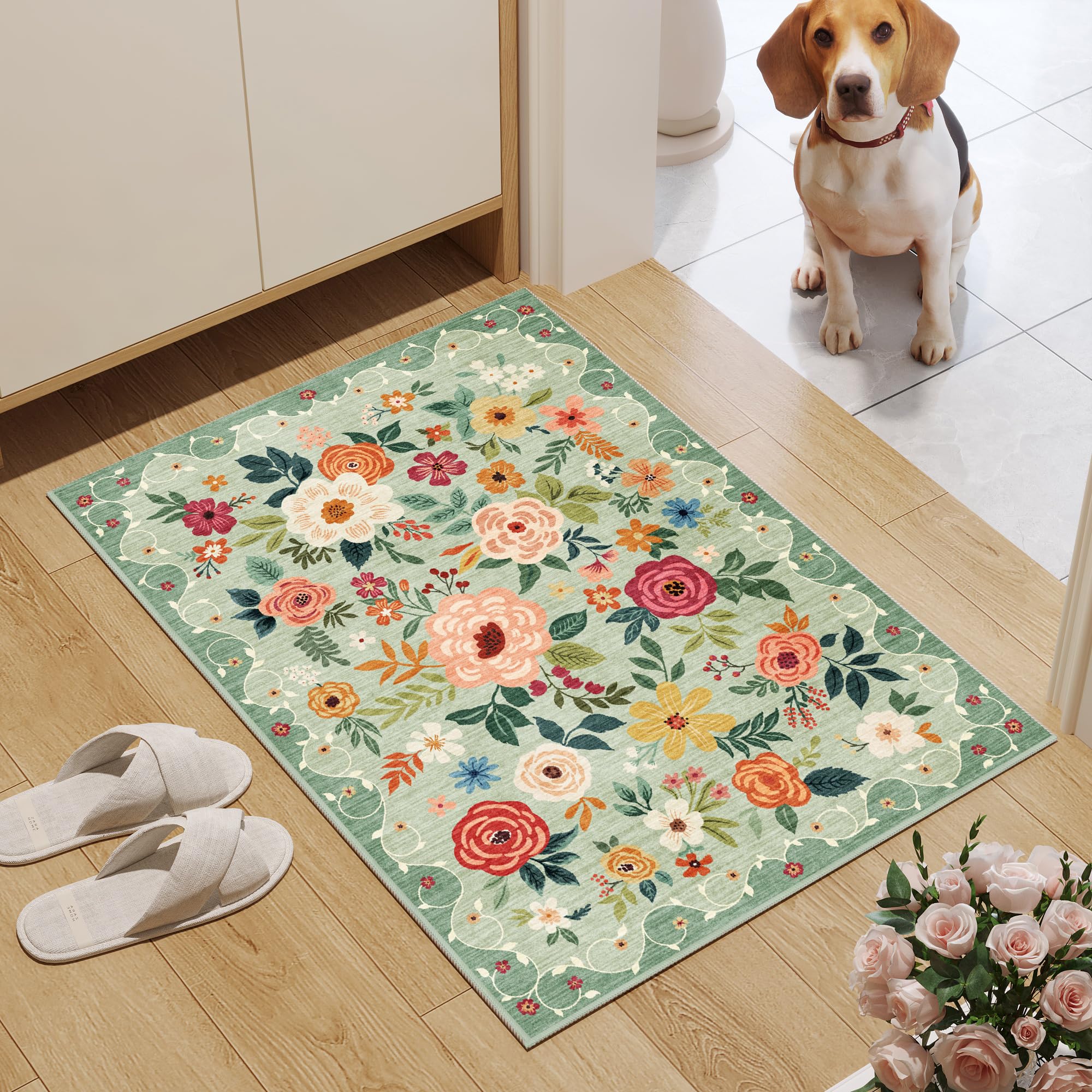 DUKINO washable floral rug keeps entryways clean and easy to refresh.